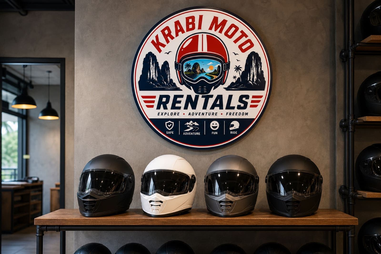 Full-face motorcycle helmets on a shelf in the Krabi Moto Rentals shop