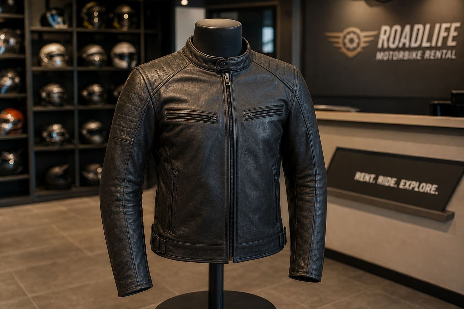 Leather motorcycle riding jacket on a display stand inside the Krabi Moto Rentals shop