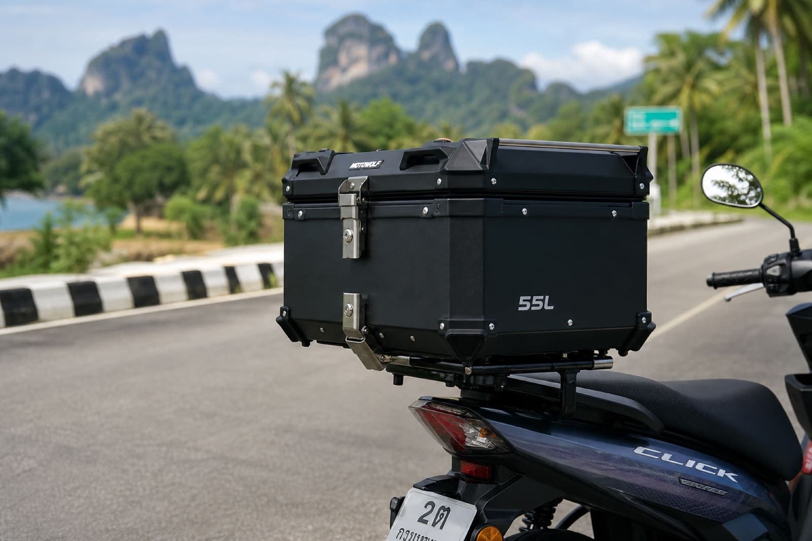 55-litre top case mounted on the rear of a rental motorcycle in Krabi