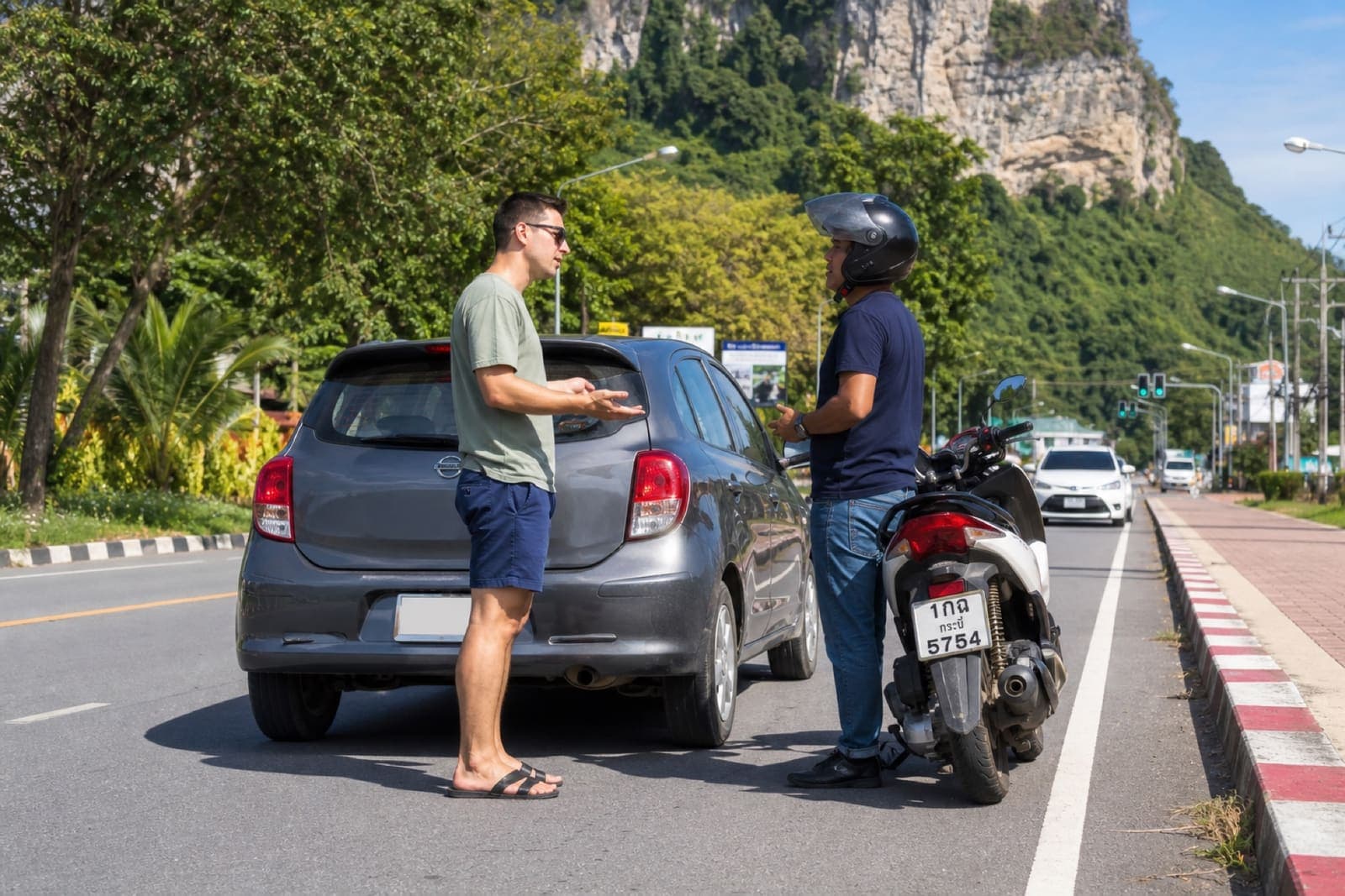 Riders discussing a minor incident safely off the road in Krabi