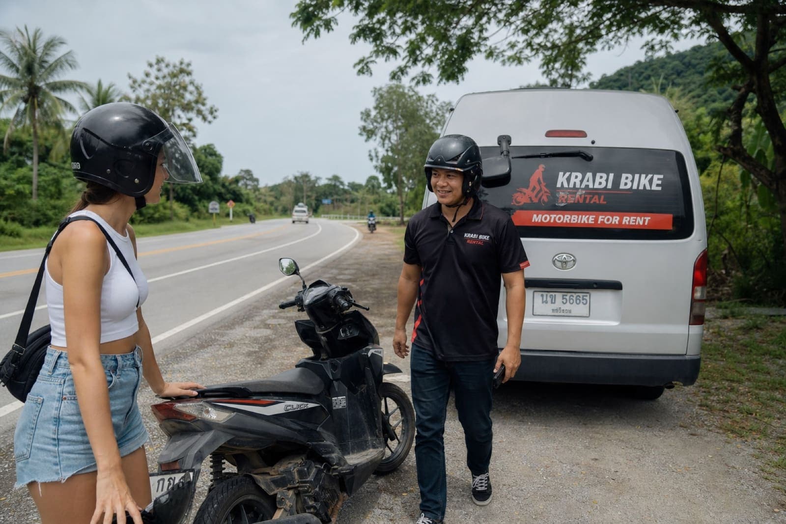 Krabi Moto Rentals team member arriving to support a customer after a roadside incident