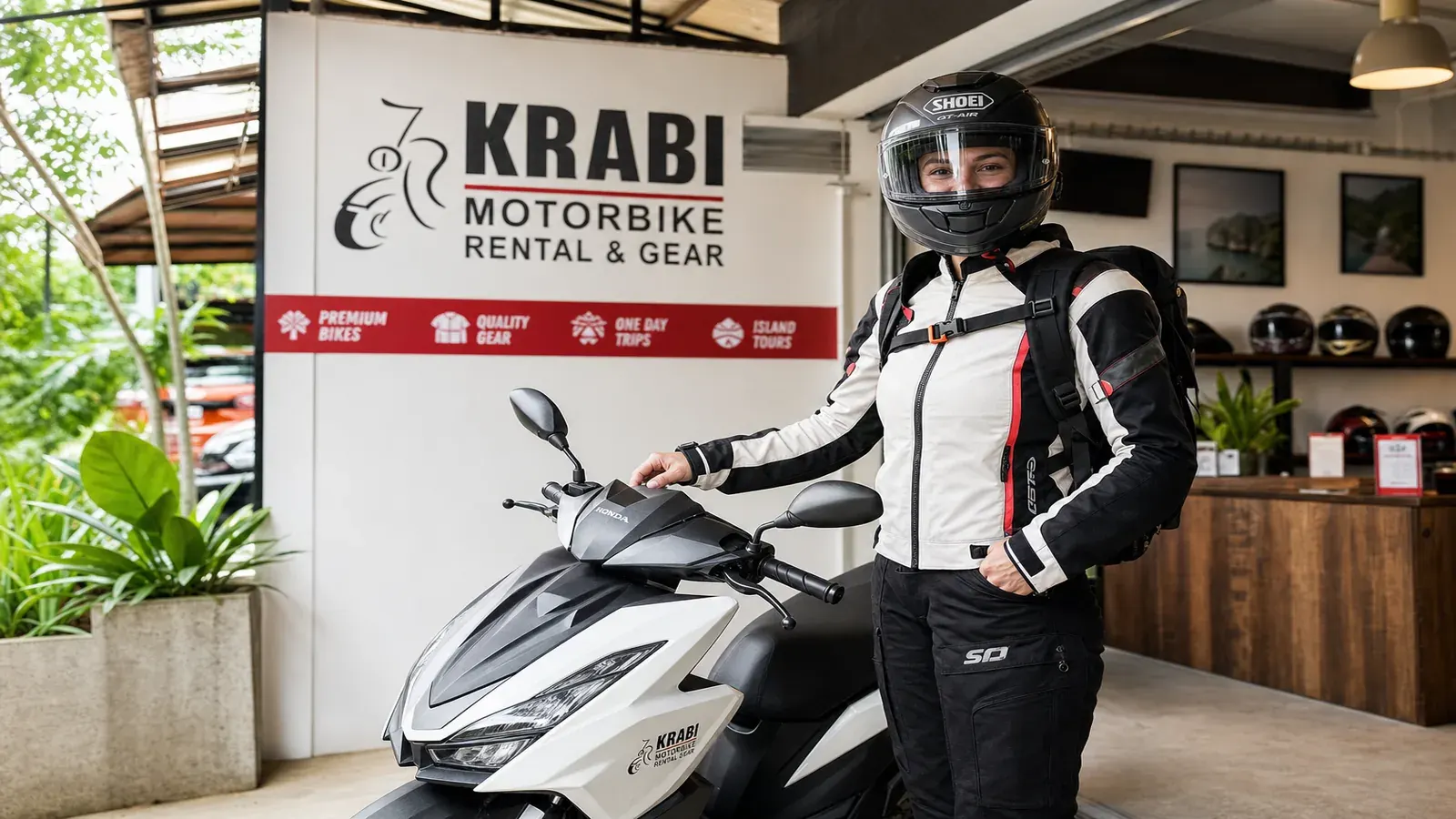 Rider wearing a full-face helmet with a rental scooter — premium safety equipment included