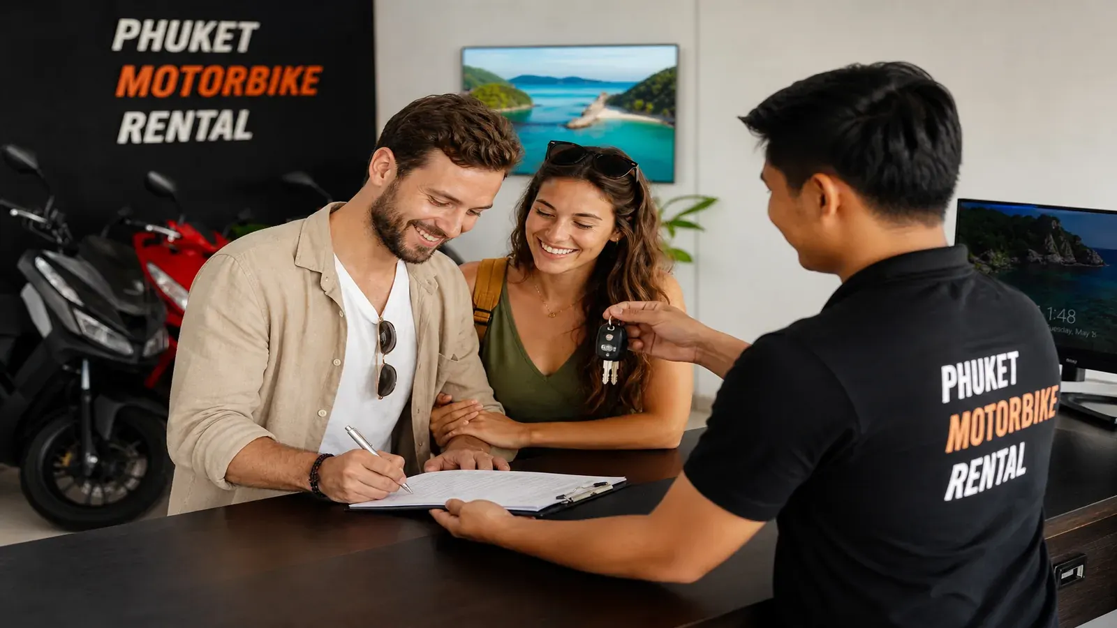 Couple completing a motorbike rental agreement and receiving their bike at Krabi Moto Rentals
