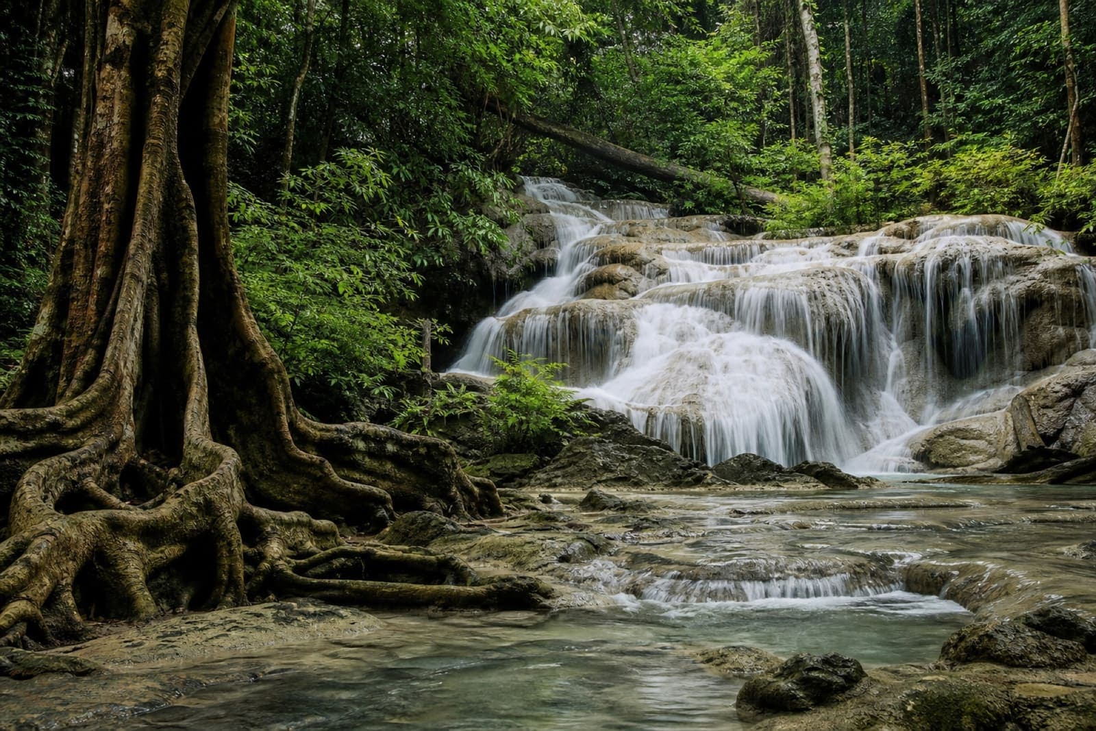 Huay Thoi Waterfall in Khao Phanom Bencha National Park, jungle and banyan trees
