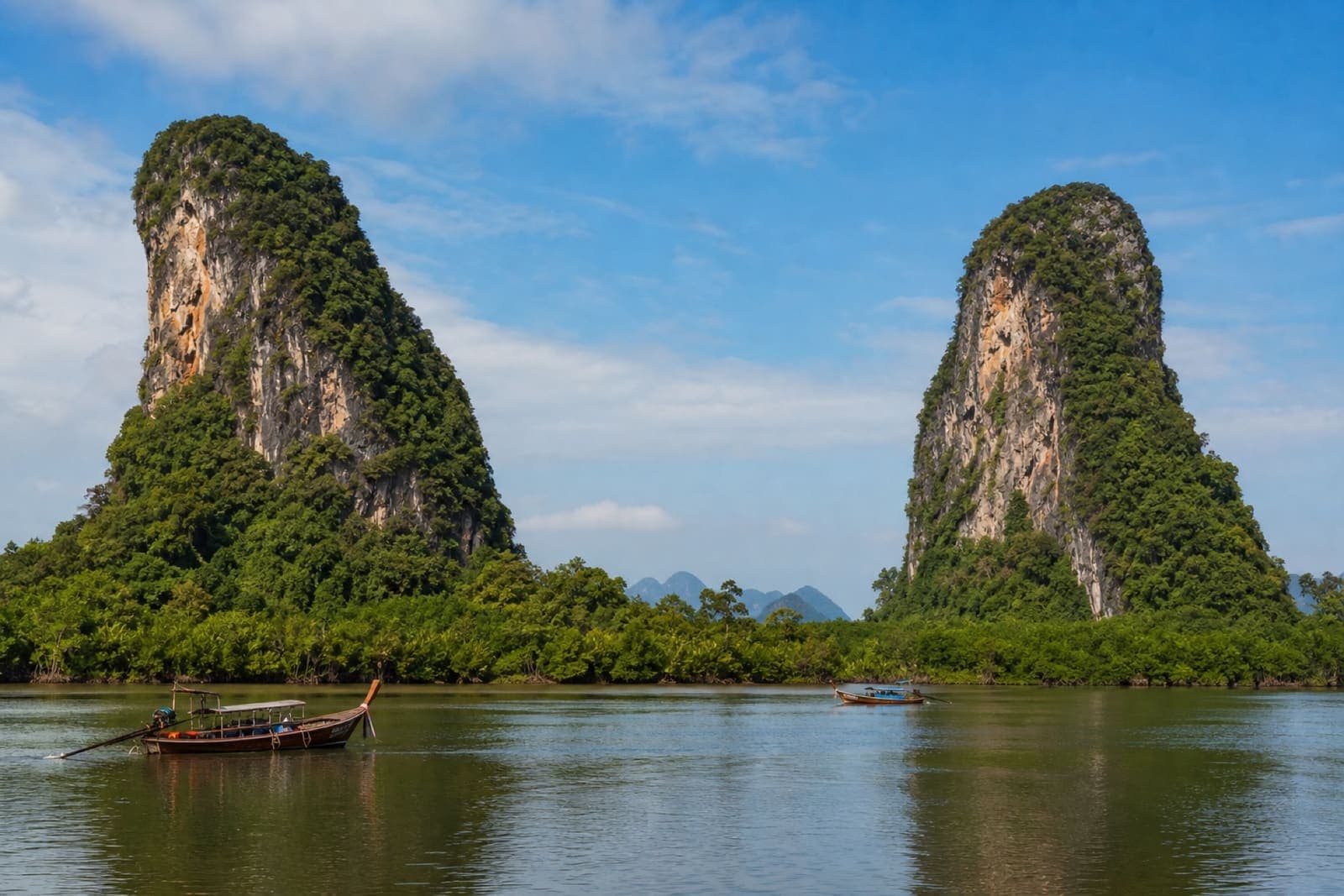 Khao Khanap Nam twin limestone mountains and long-tail boats on the Krabi River