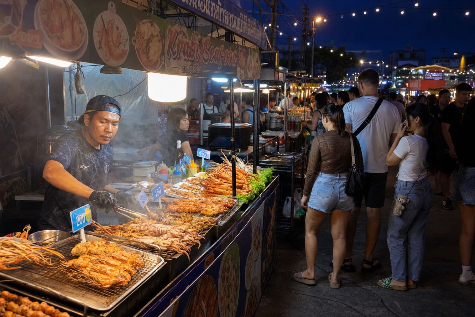 Krabi Town Night Market food stalls on a lively Friday evening