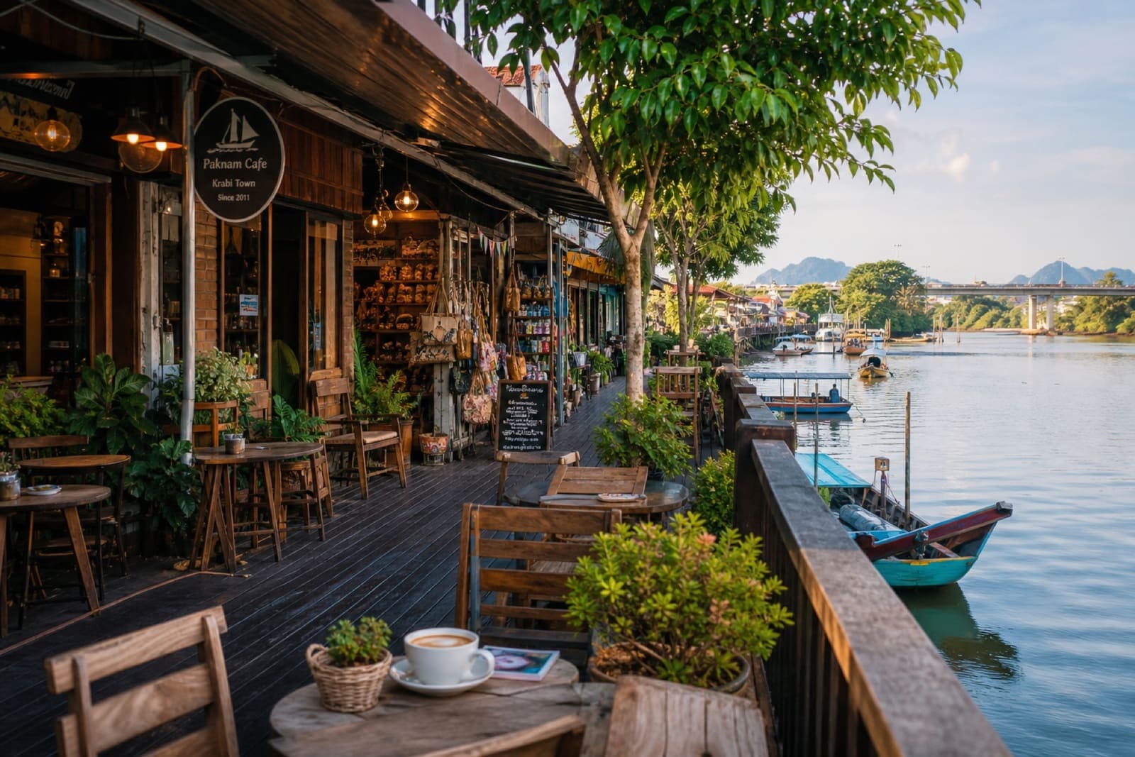 Paknam Cafe and riverside shops along the Krabi River