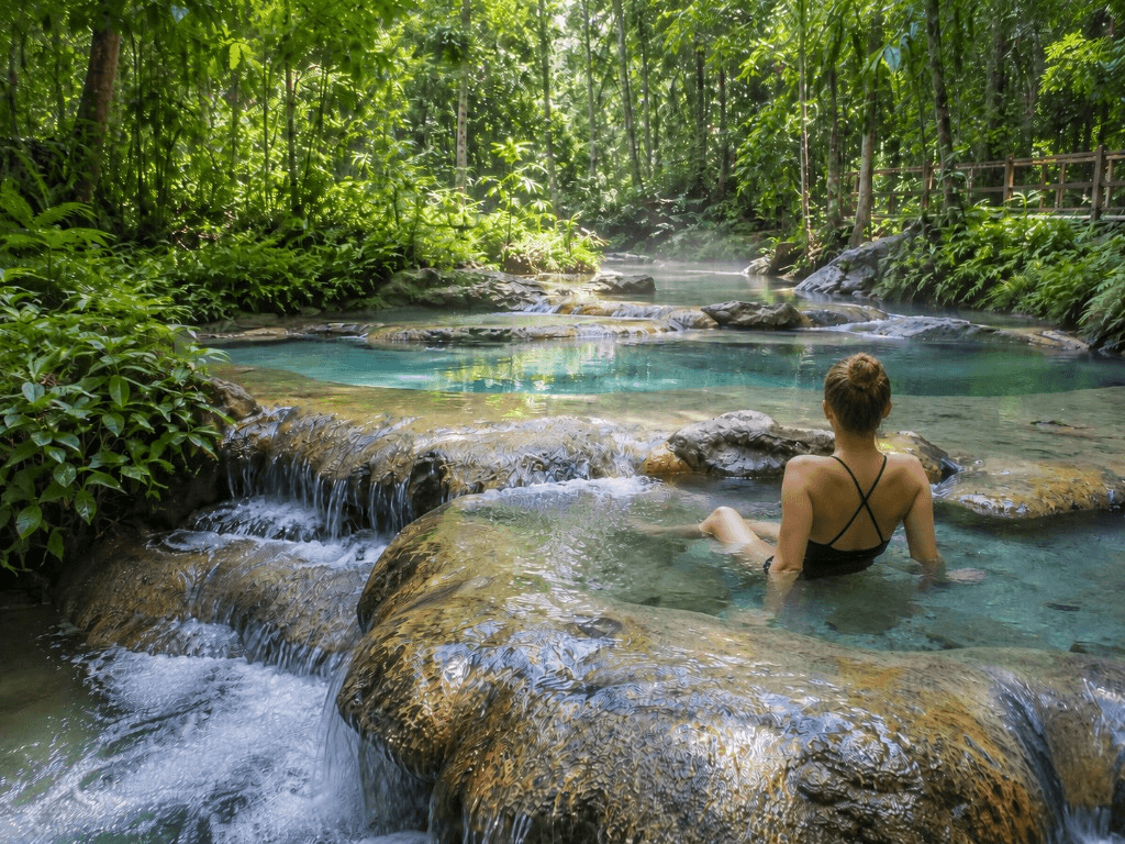 Visitor relaxing in the natural rock pools at Krabi Hot Springs, Khlong Thom