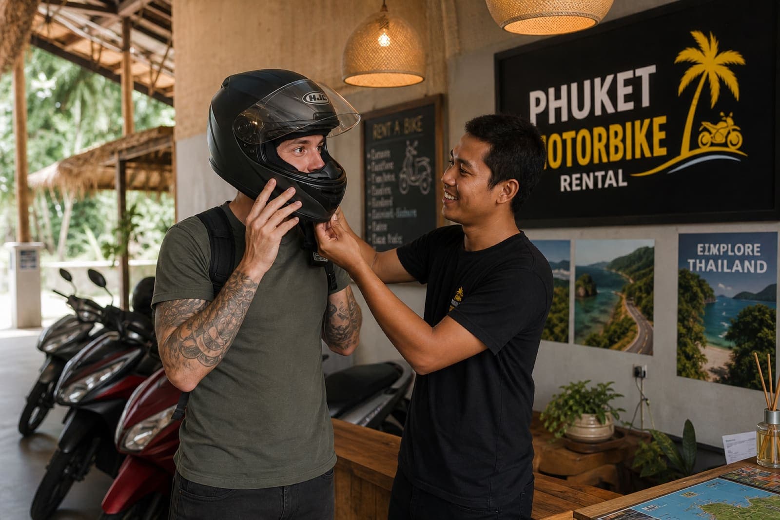 Customer trying on premium riding gear at Krabi Moto Rentals