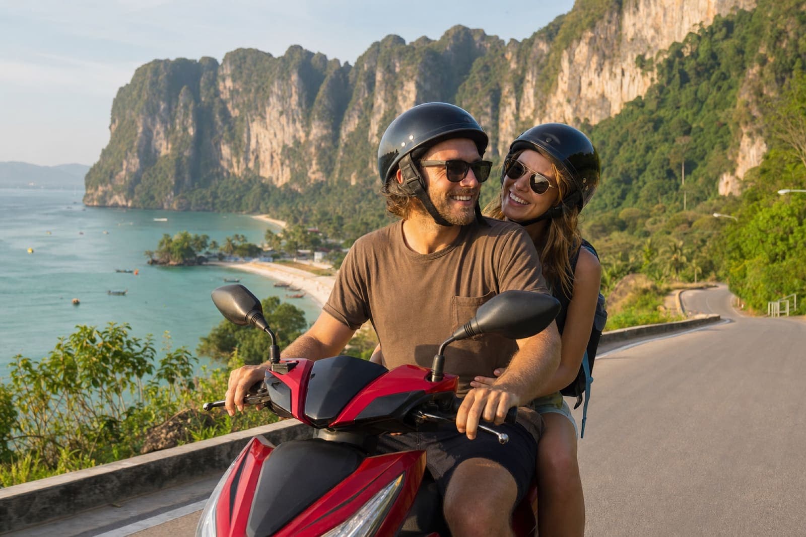 Happy couple wearing helmets riding a scooter along a scenic Krabi coastal road