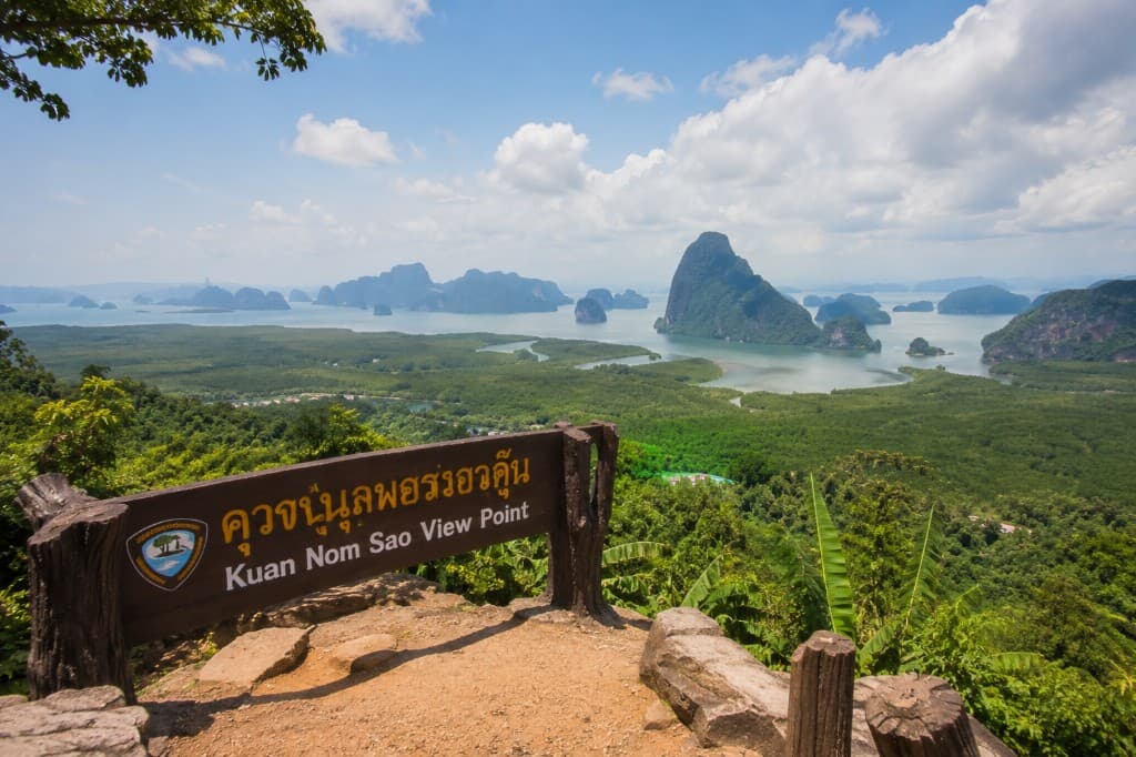 Kuan Nom Saow viewpoint sign overlooking Phang Nga Bay islands and mangrove forest, Krabi