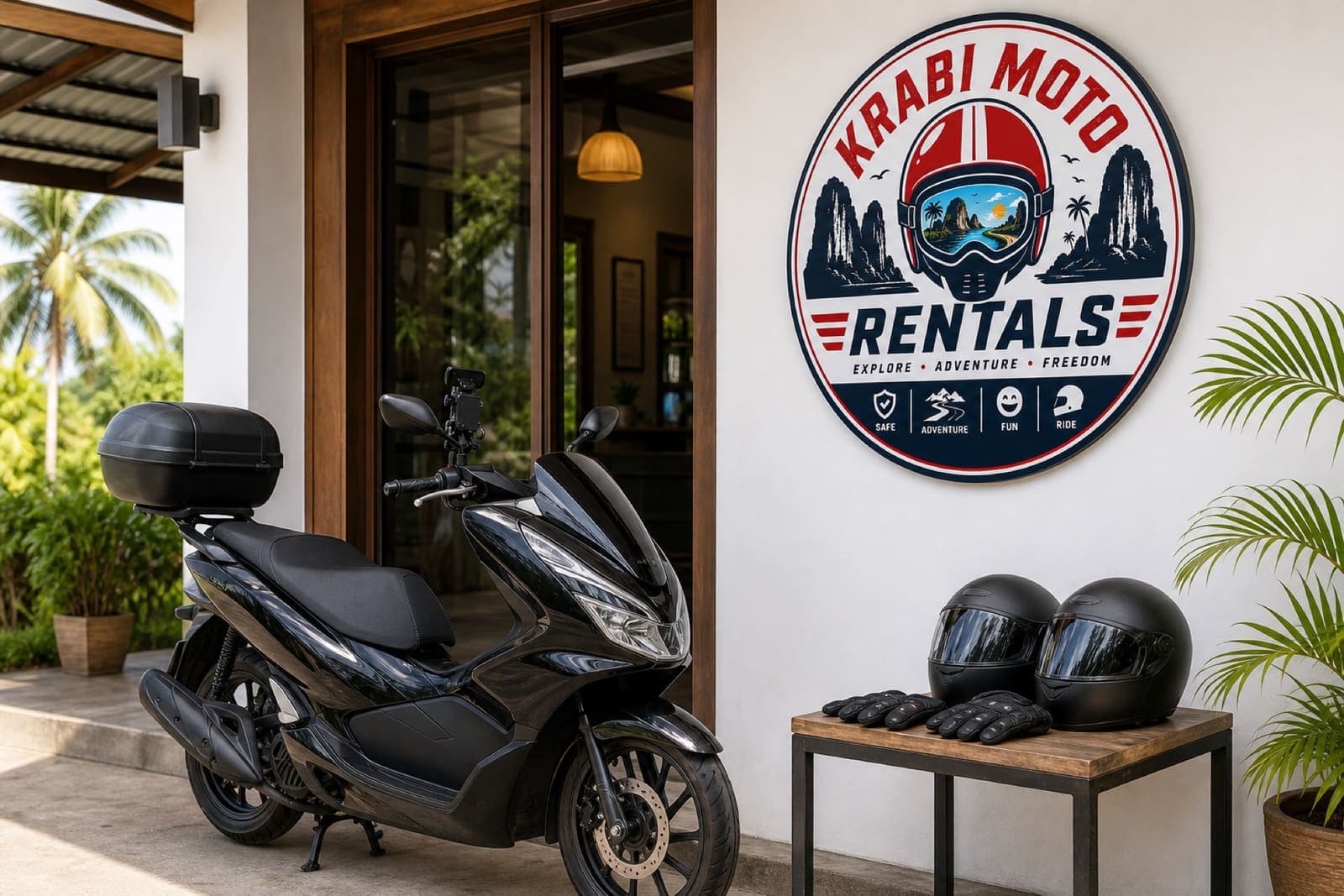 Rental scooter with top case and accessories at the shop entrance