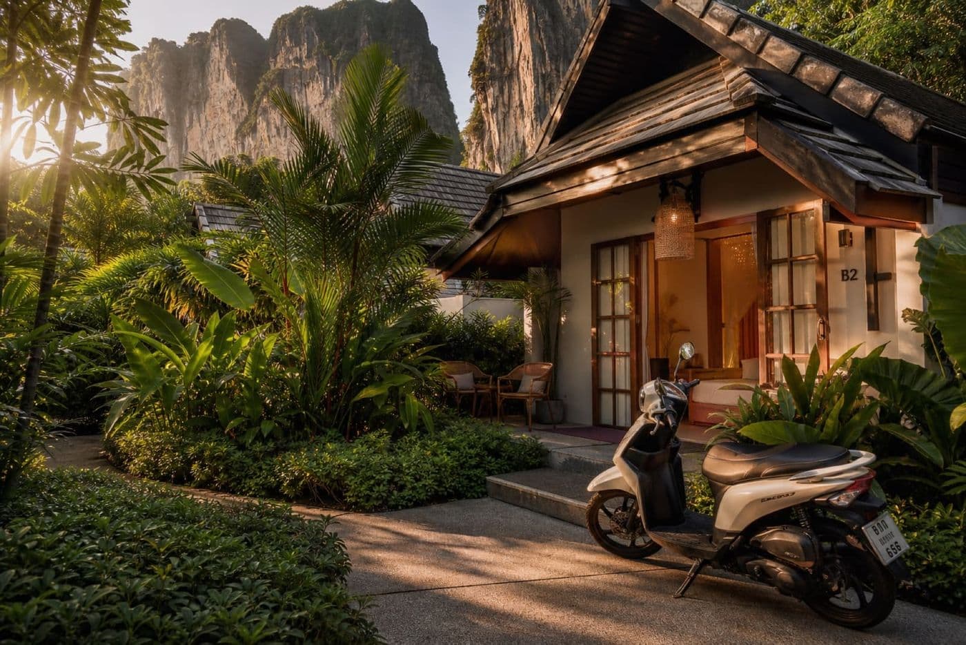 Quiet villa accommodation in Krabi with a rental scooter parked outside