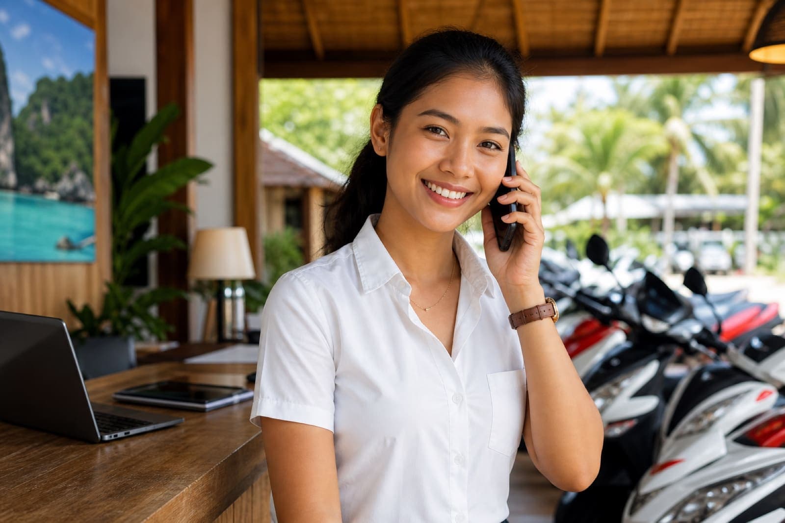 Krabi Moto Rentals team member taking a customer call at the Ao Nang shop