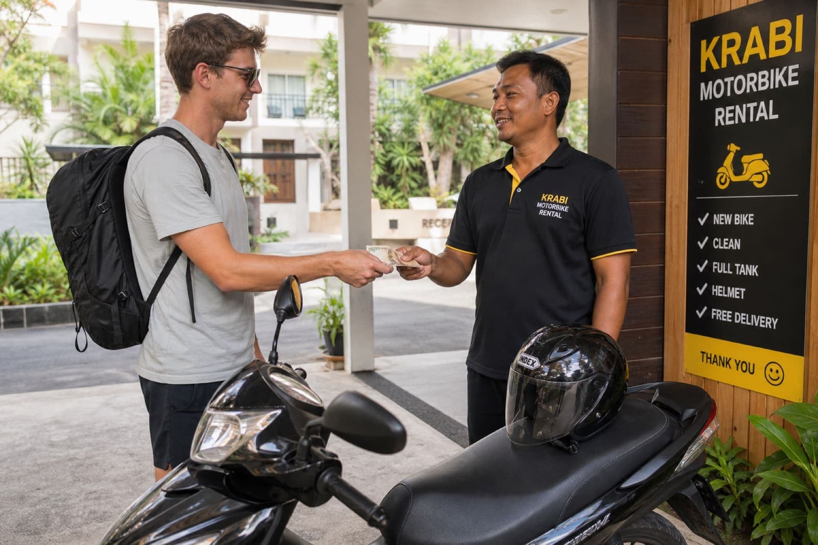 Transparent cash security deposit handover at Krabi scooter rental delivery