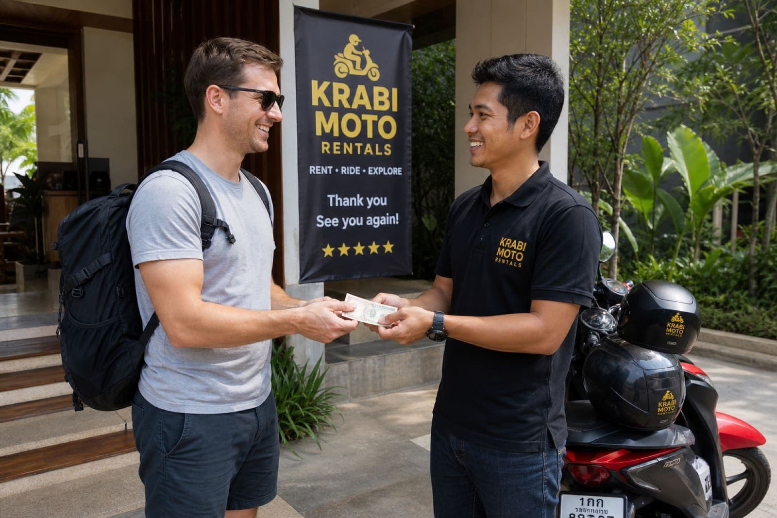 Security deposit returned to customer after motorcycle rental return in Krabi
