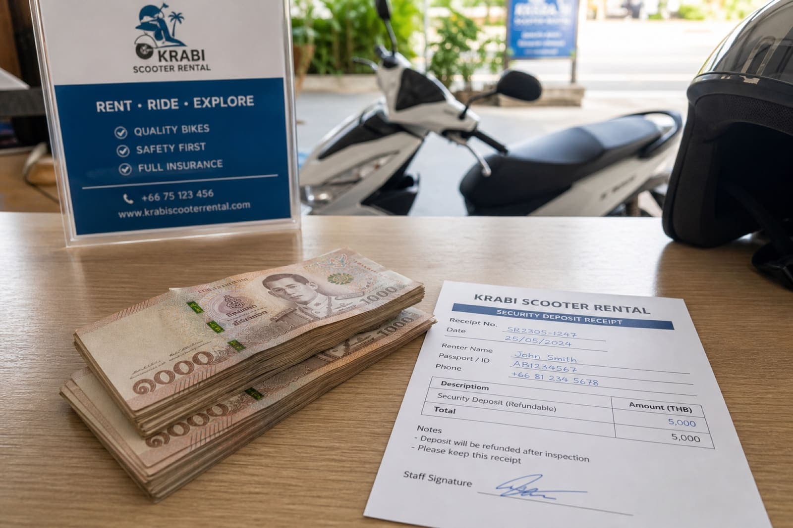 Cash security deposit in Thai baht at motorbike rental handover