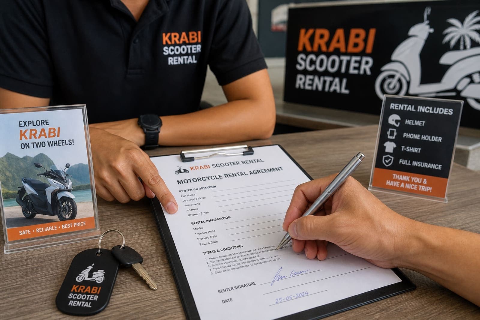 Customer signing a motorbike rental contract at Krabi Moto Rentals