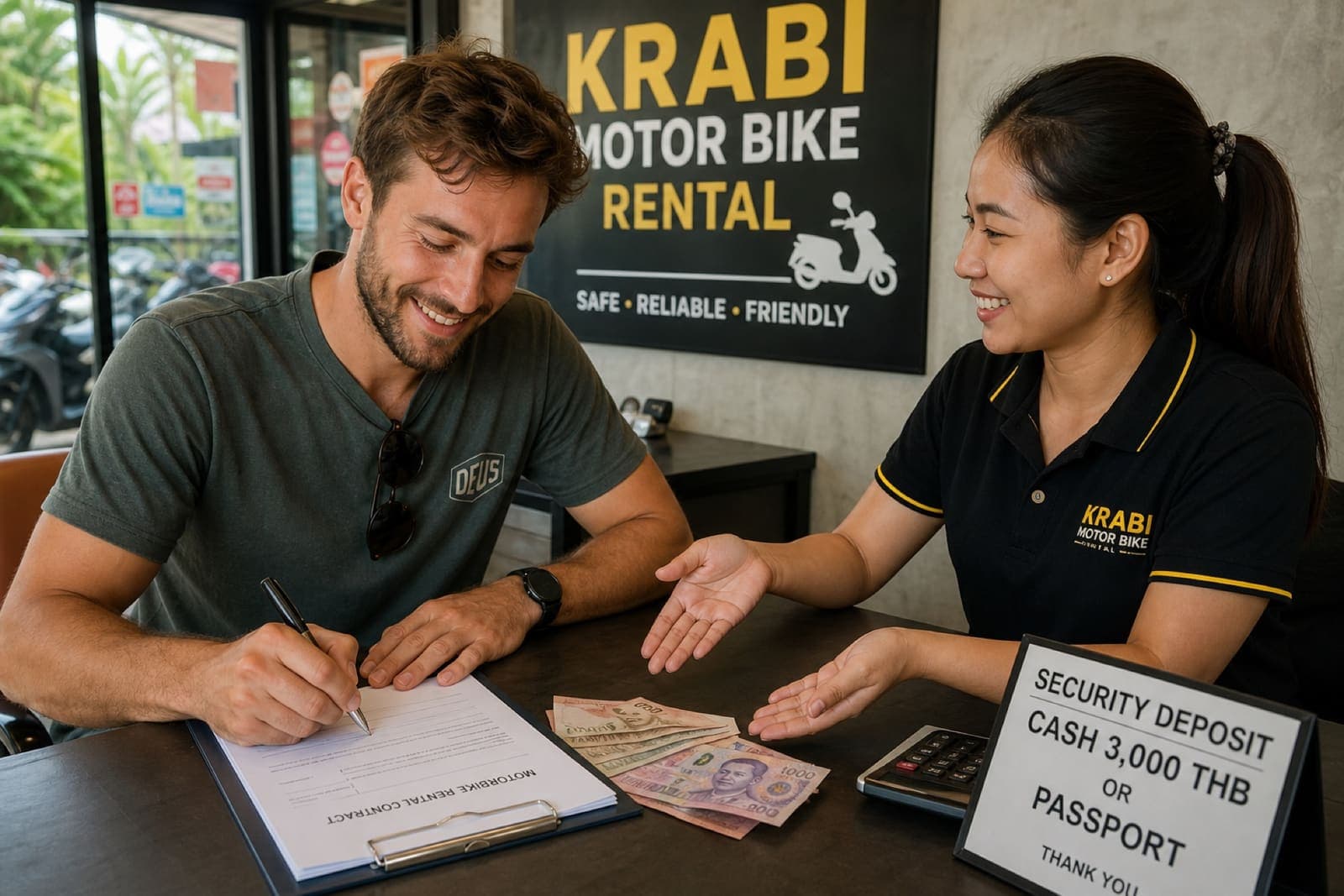 Customer signing a Krabi Moto Rentals contract with cash security deposit on the desk