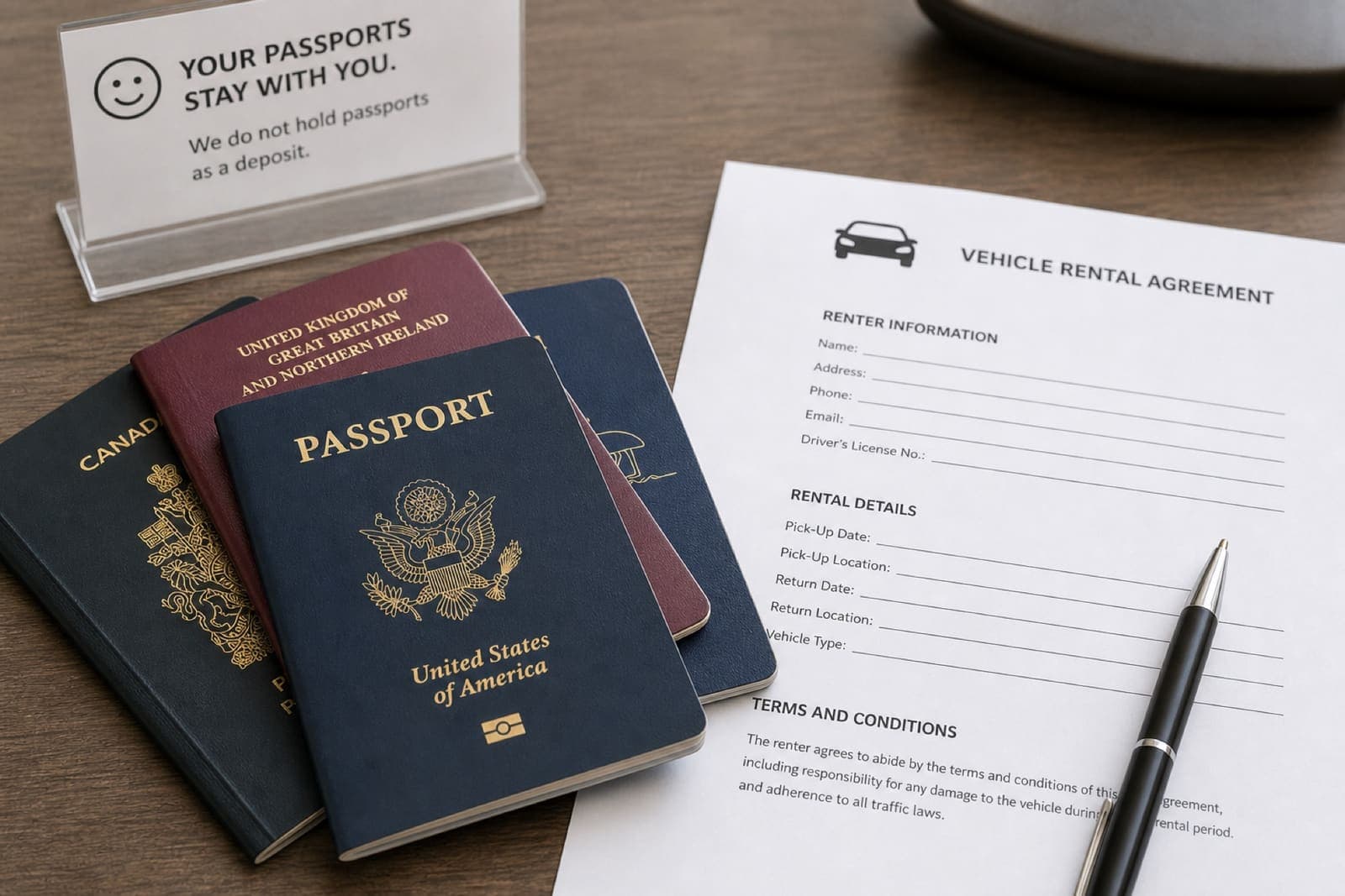 International passports remain with the customer — we use a cash deposit instead