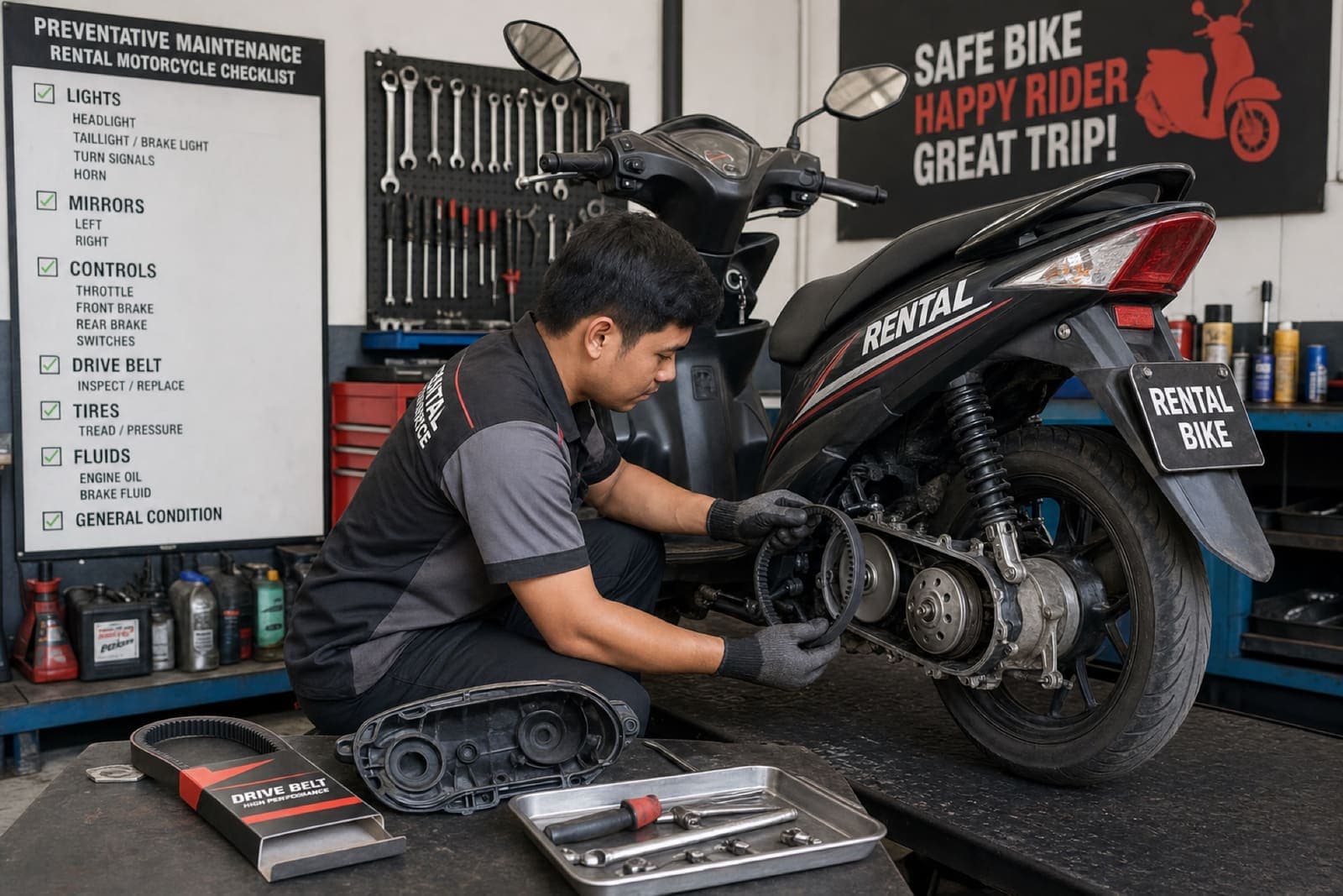 Mechanic inspecting drive belt, lights and controls on a rental scooter