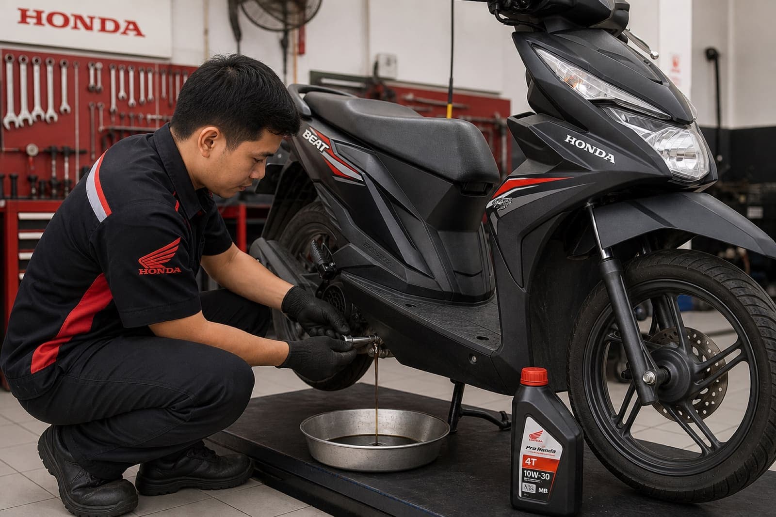 Mechanic changing engine oil on a rental motorcycle
