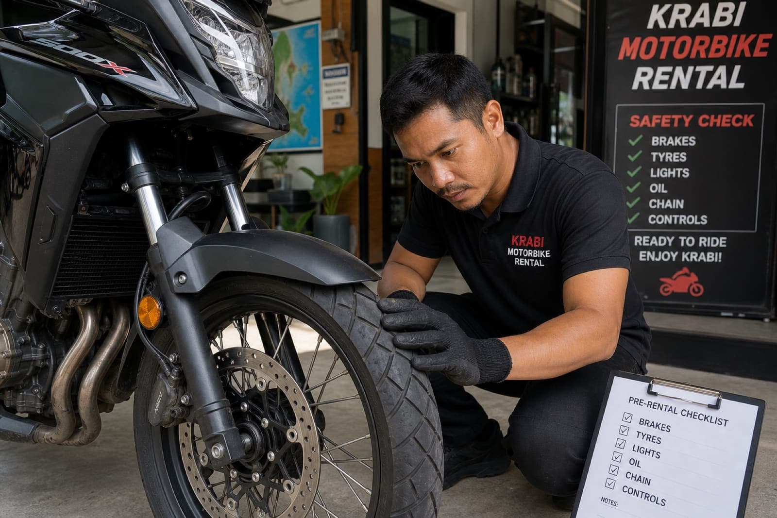 Pre-rental safety inspection of brakes and tyres on a rental motorcycle