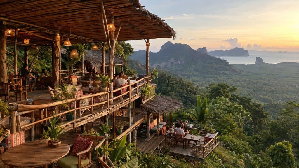 Dragon View Bar and Restaurant — tiered bamboo dining decks overlooking Krabi islands at sunset