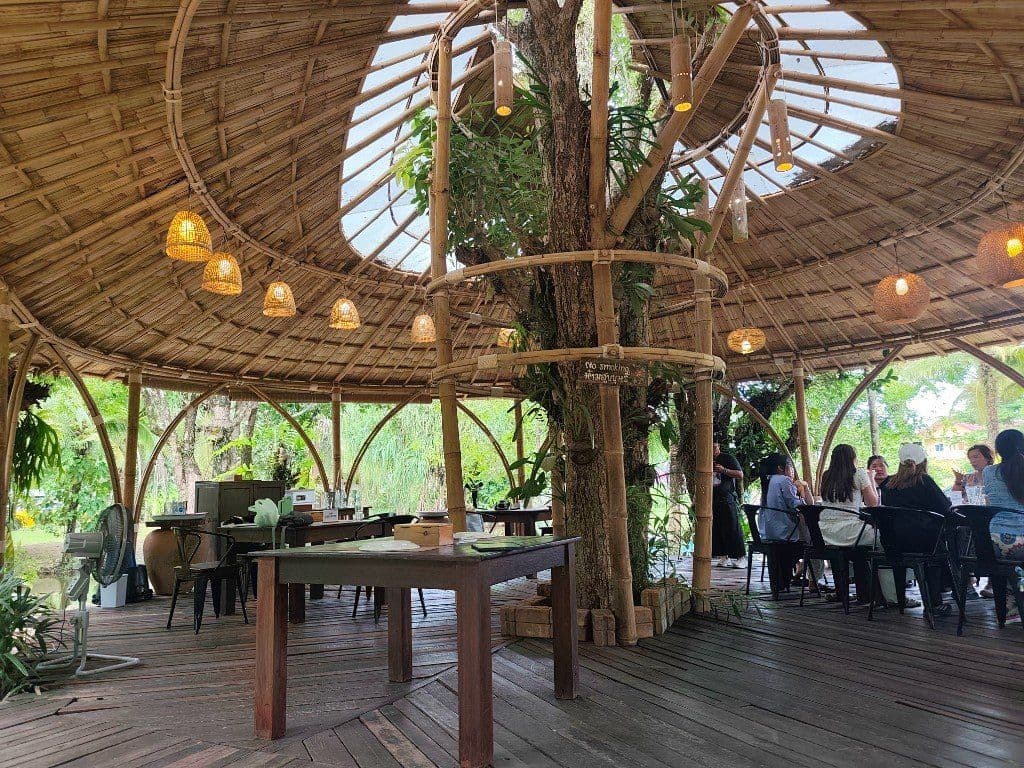 RuenMai Krabi — open-air bamboo pavilion with a living tree at the centre of the dining room