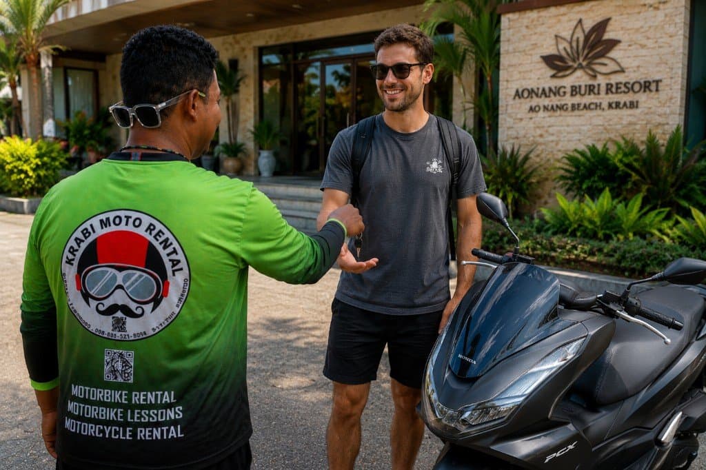 Krabi Moto Rentals staff handing scooter keys to a customer at Aonang Buri Resort, Ao Nang
