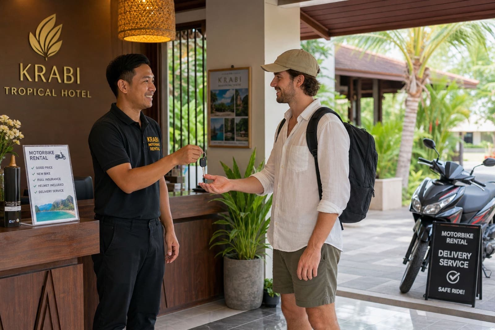 Motorbike rental handover at a Krabi hotel entrance
