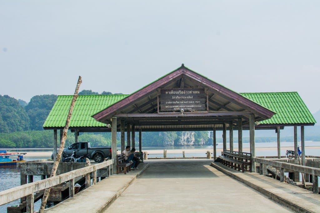 Ao Thalane Fisherman's Pier pavilion with green roof overlooking mangrove inlet, Krabi