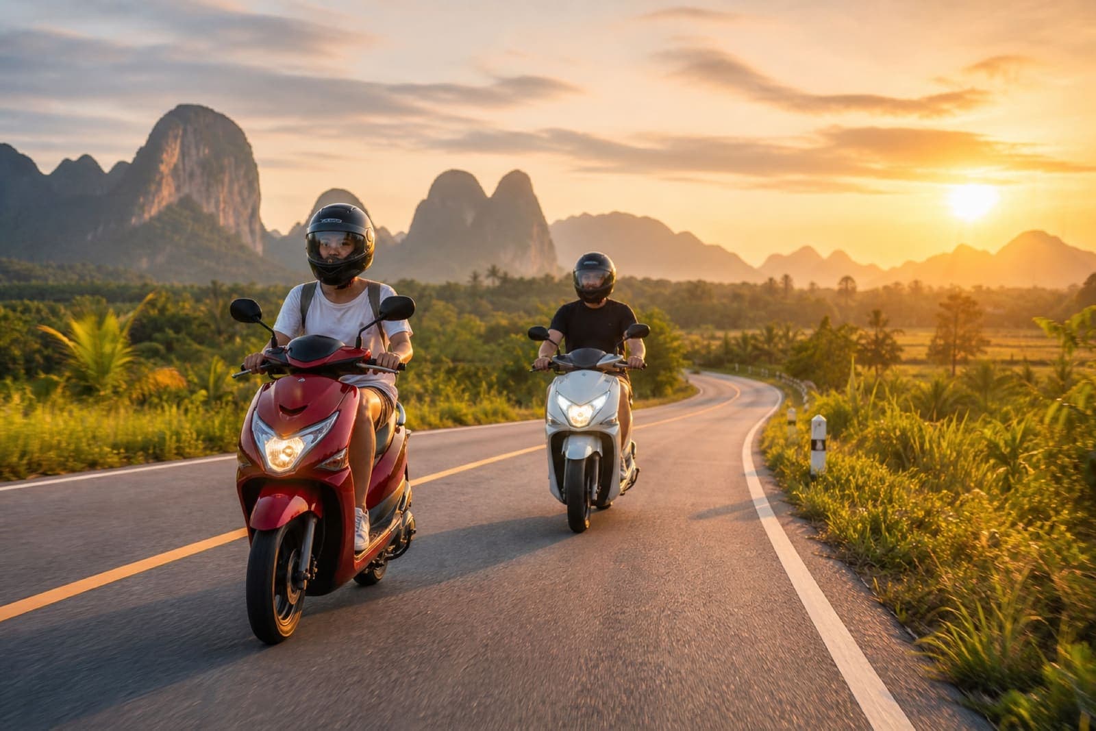 Two riders on scooters at sunrise on a rural road near Krabi, both wearing helmets