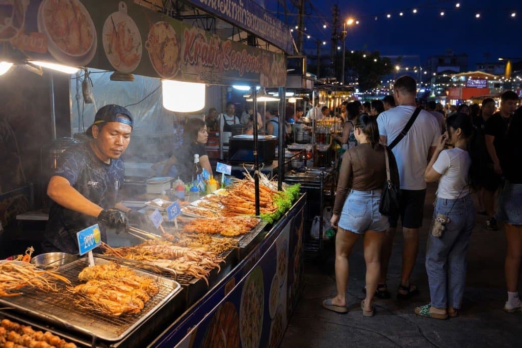 Krabi Town Night Market seafood grill stall on a busy Friday evening