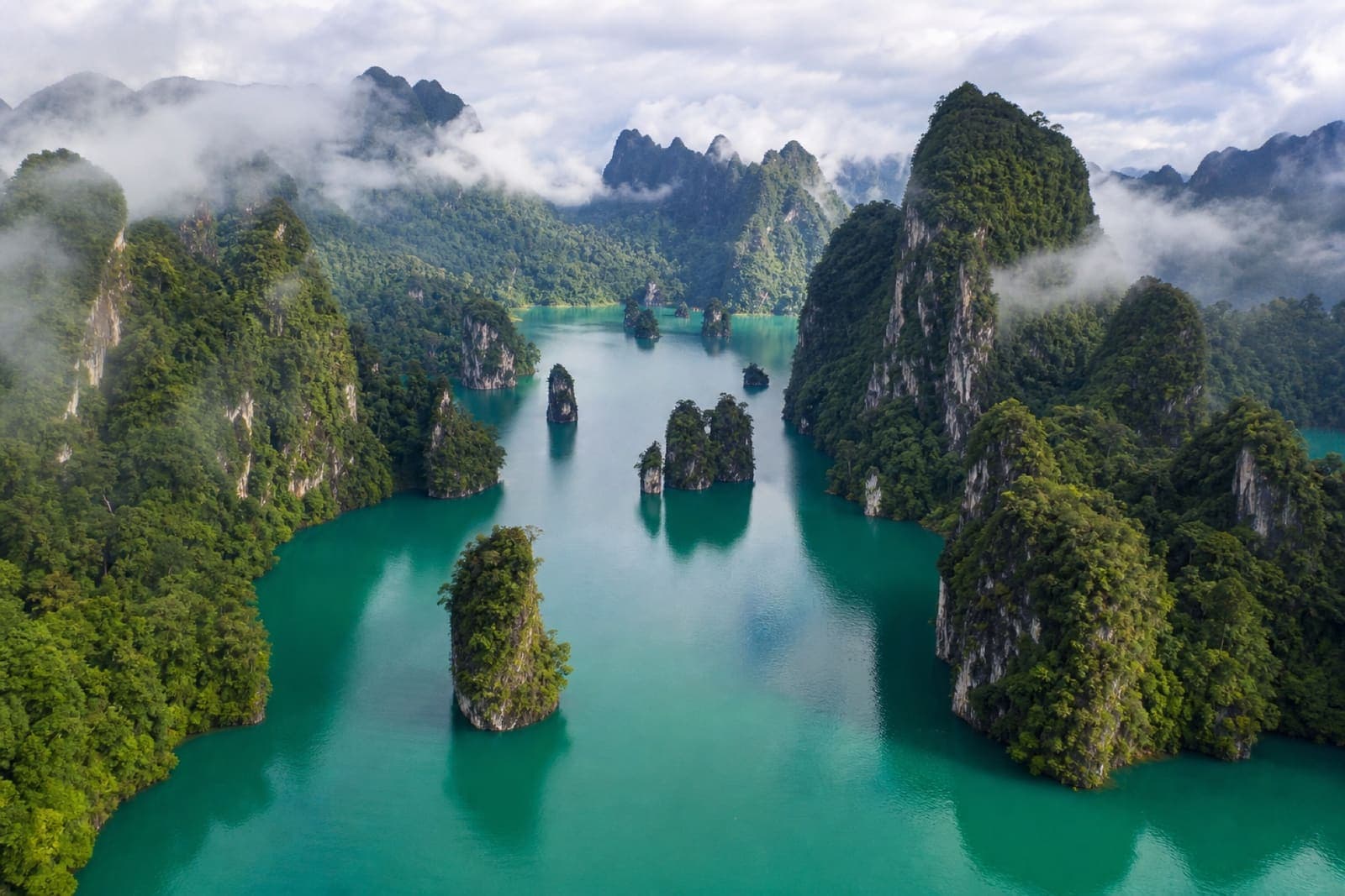 Aerial view of Cheow Lan Lake and limestone karsts in Khao Sok National Park