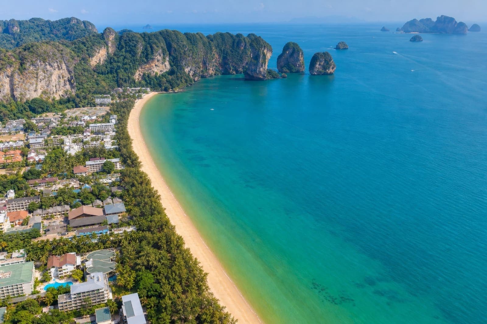 High aerial view of Ao Nang Beach and limestone islands, Krabi