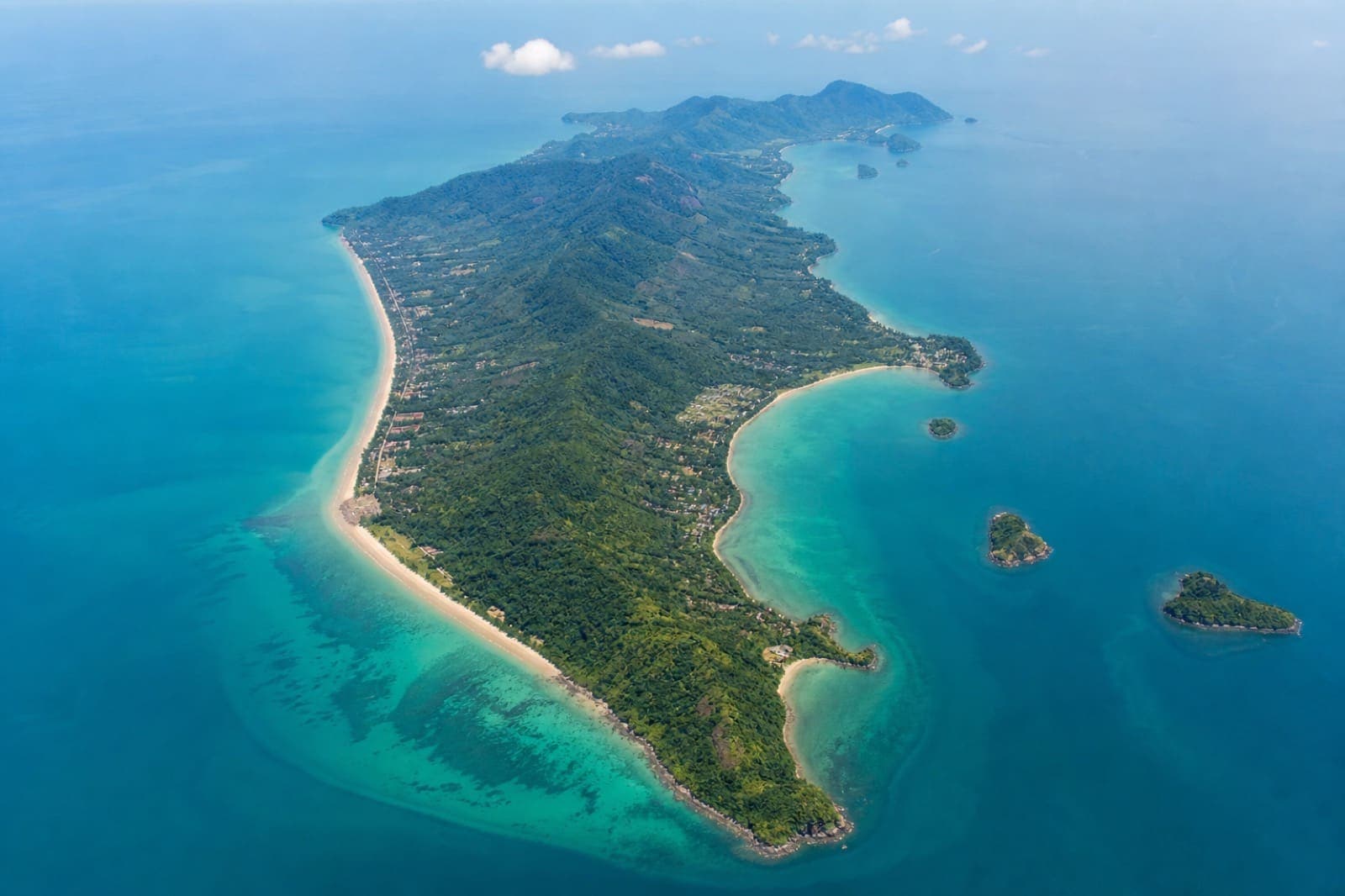 Aerial view of Koh Lanta island beaches and surrounding sea, Krabi