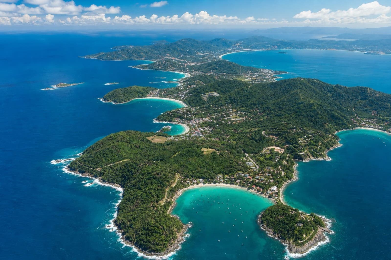 High aerial overview of Phuket island coastline, Thailand