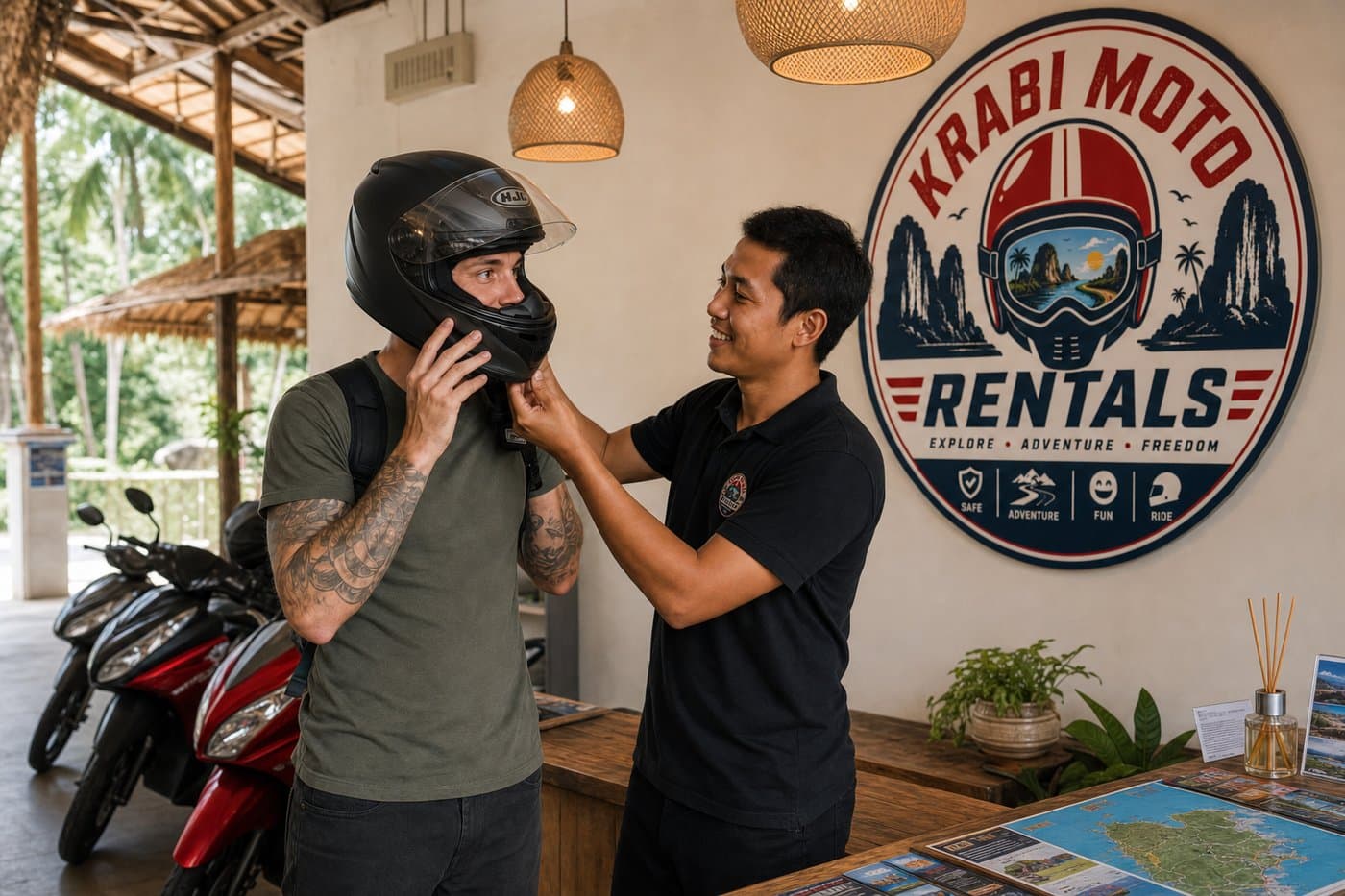 Krabi Moto Rentals staff member helping a customer try on a premium full-face helmet at the shop