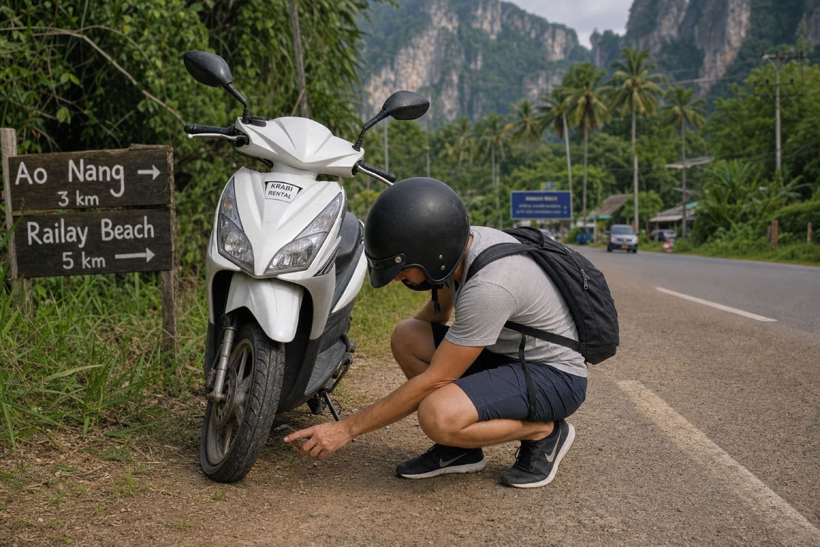 Helmeted rider examining a flat tyre on a scooter at the roadside in Krabi