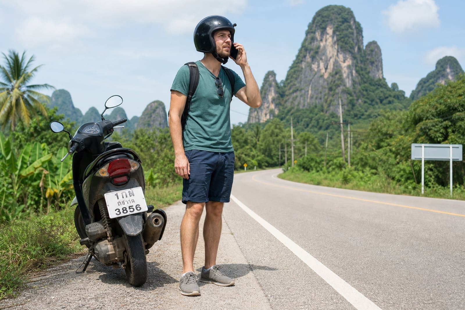 Helmeted rider beside a scooter on the roadside in Krabi calling for assistance