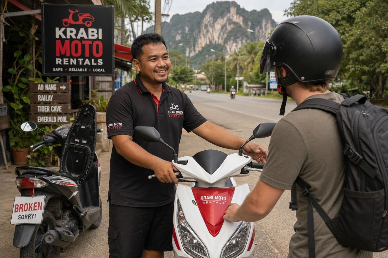 Krabi Moto Rentals staff providing a replacement scooter to a customer at the roadside