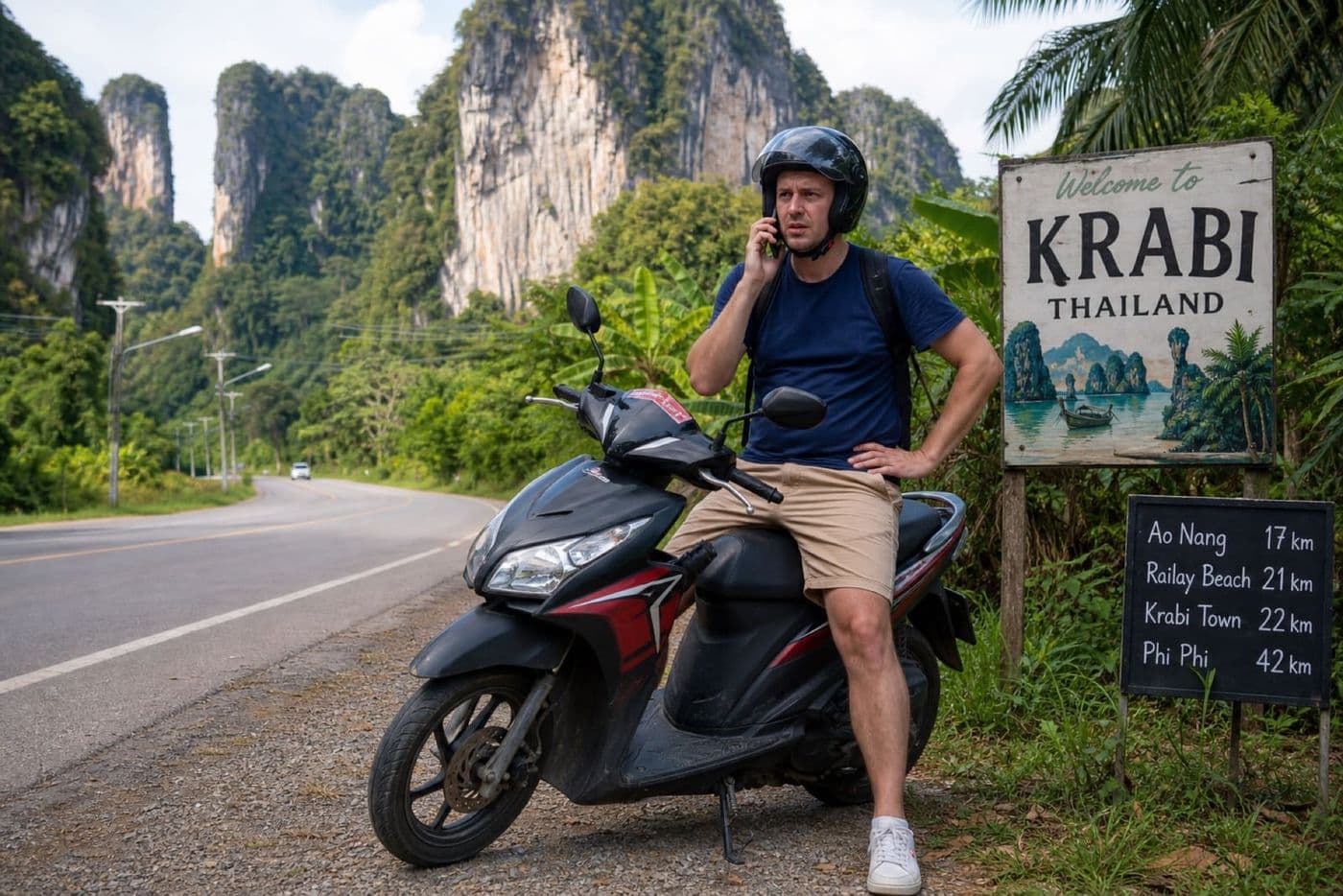 Helmeted rider waiting beside a broken-down scooter on a Krabi roadside
