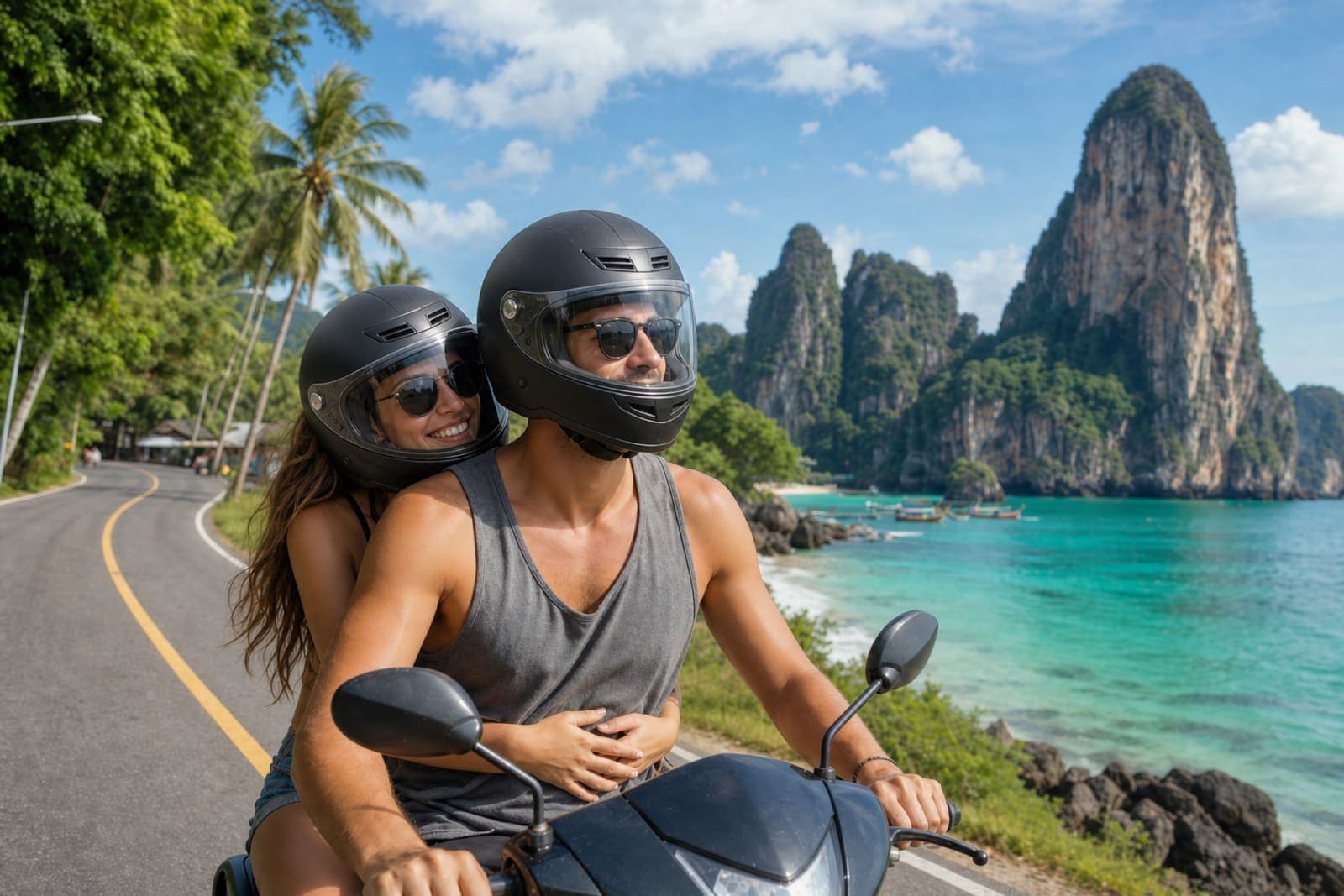 Scooter on a scenic Krabi coastal road with limestone cliffs and beaches