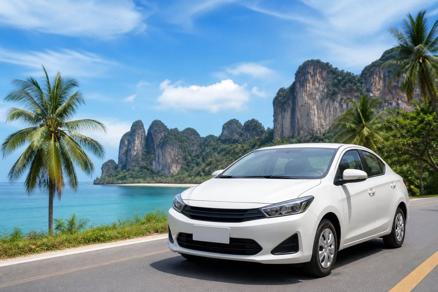 Rental car on a scenic coastal road in Krabi Thailand