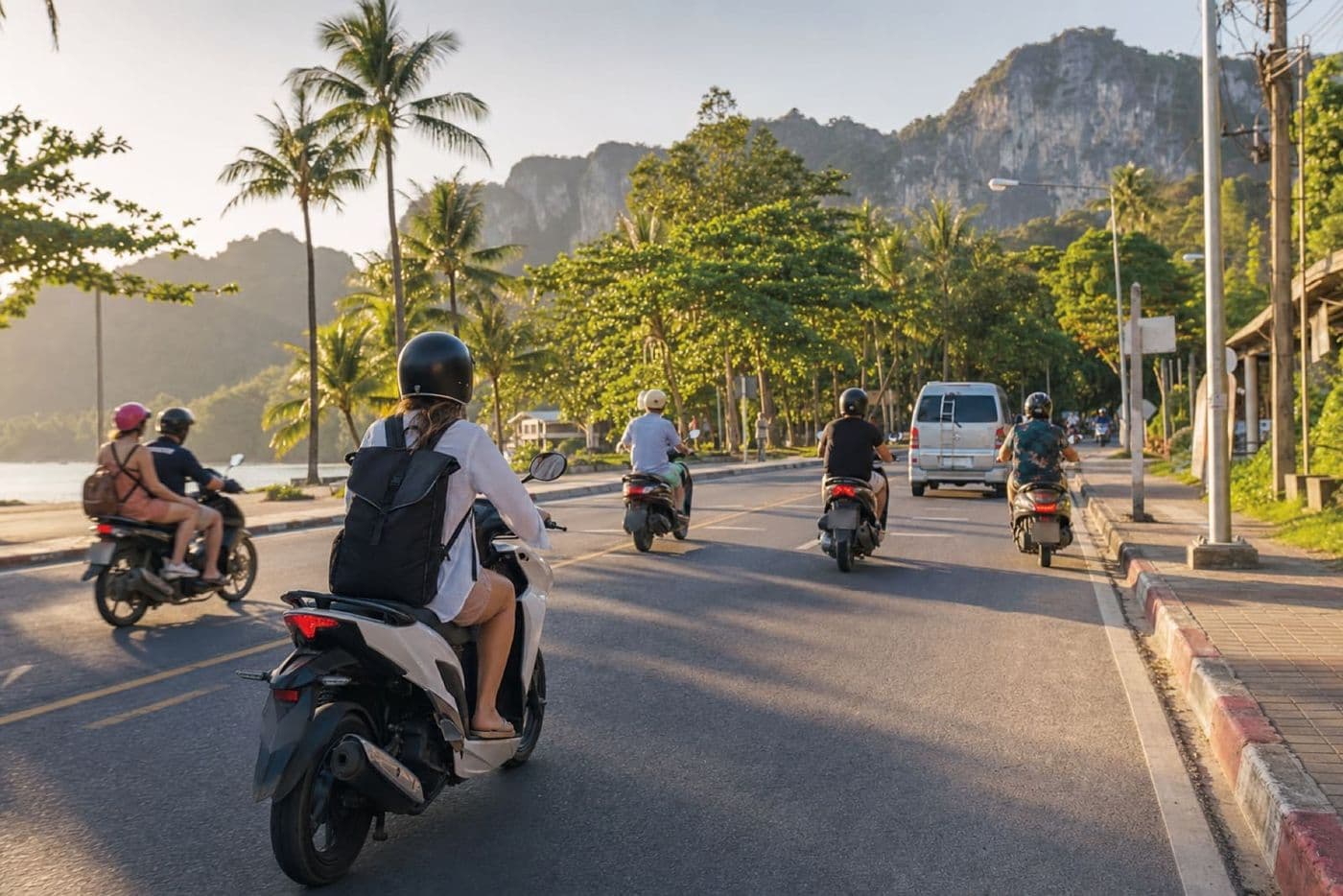 Scooter rider on a Krabi road with other motorcycles and scooters in traffic