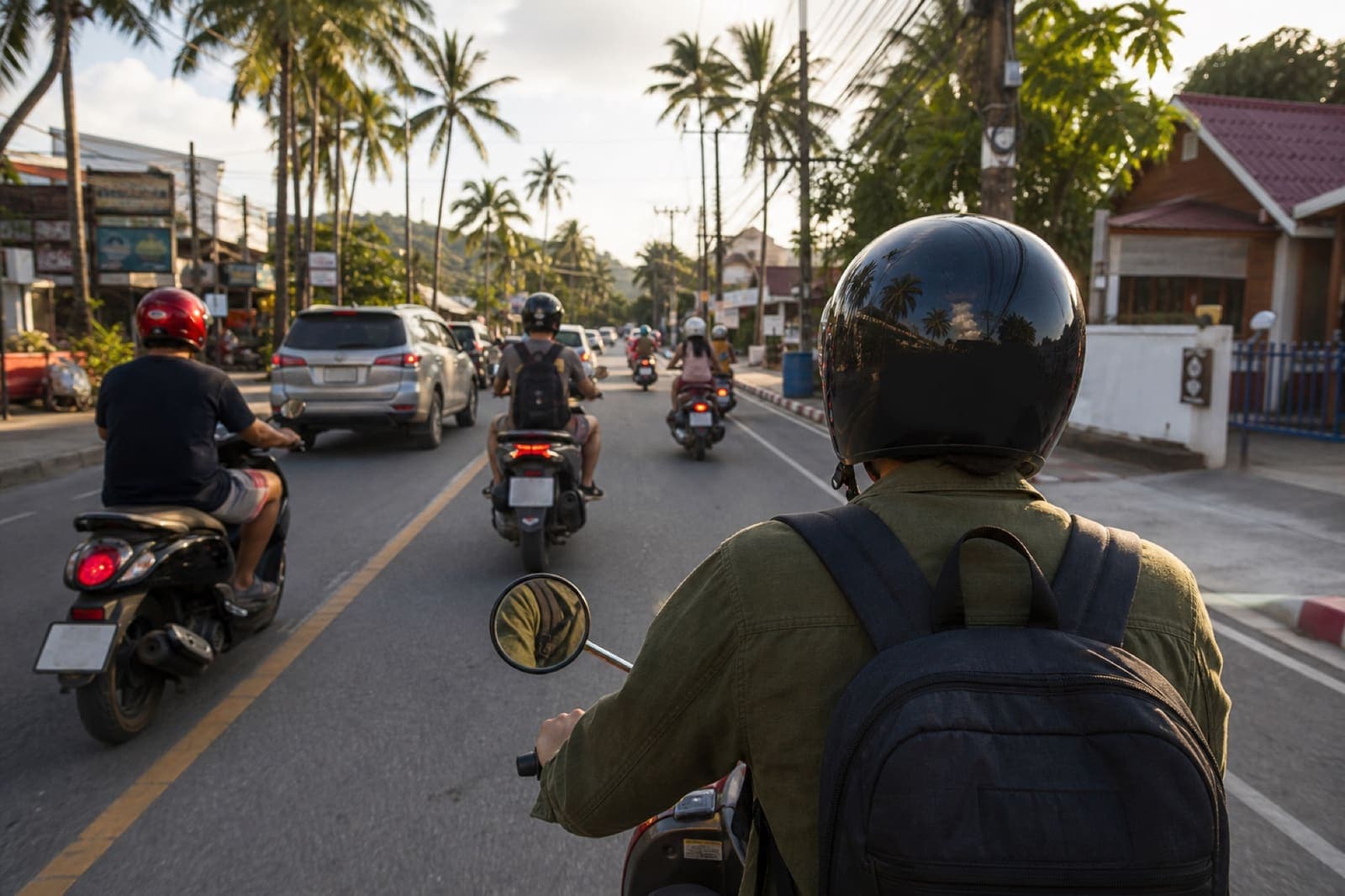 Scooter rider in Thailand traffic surrounded by other motorcycles and scooters