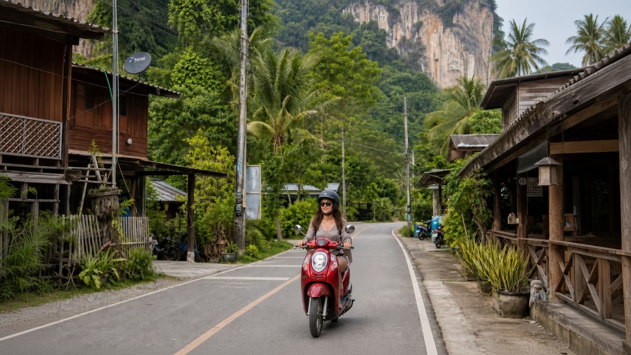 Helmeted rider on a red scooter along a quiet village road in Krabi, with limestone cliffs behind the houses