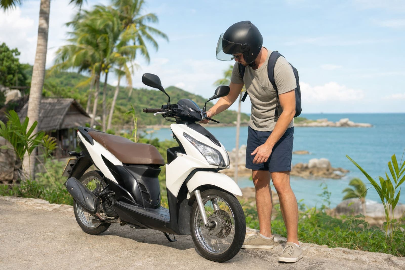 Rider wearing a helmet while inspecting a rental scooter before riding in Thailand