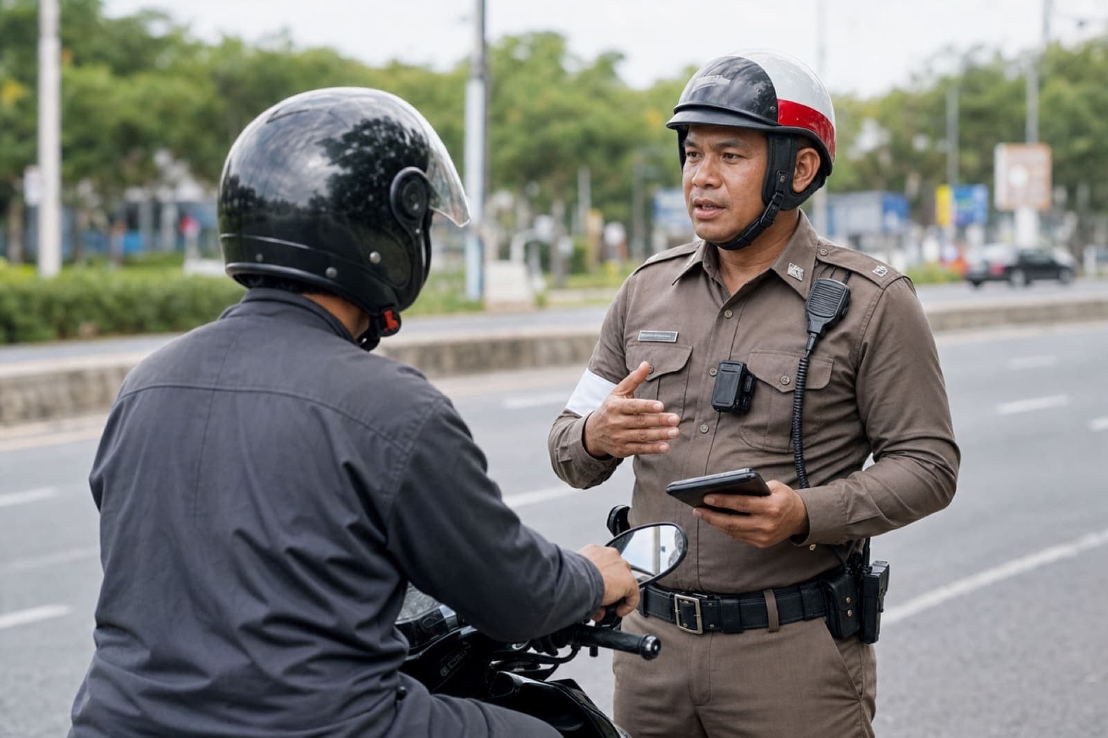 Thai traffic police speaking with a helmeted scooter rider during a routine roadside check